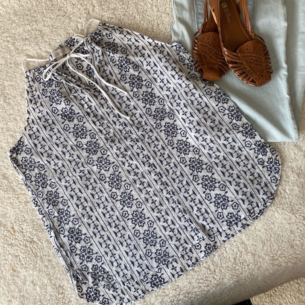 LOFT White and navy embroidered tank